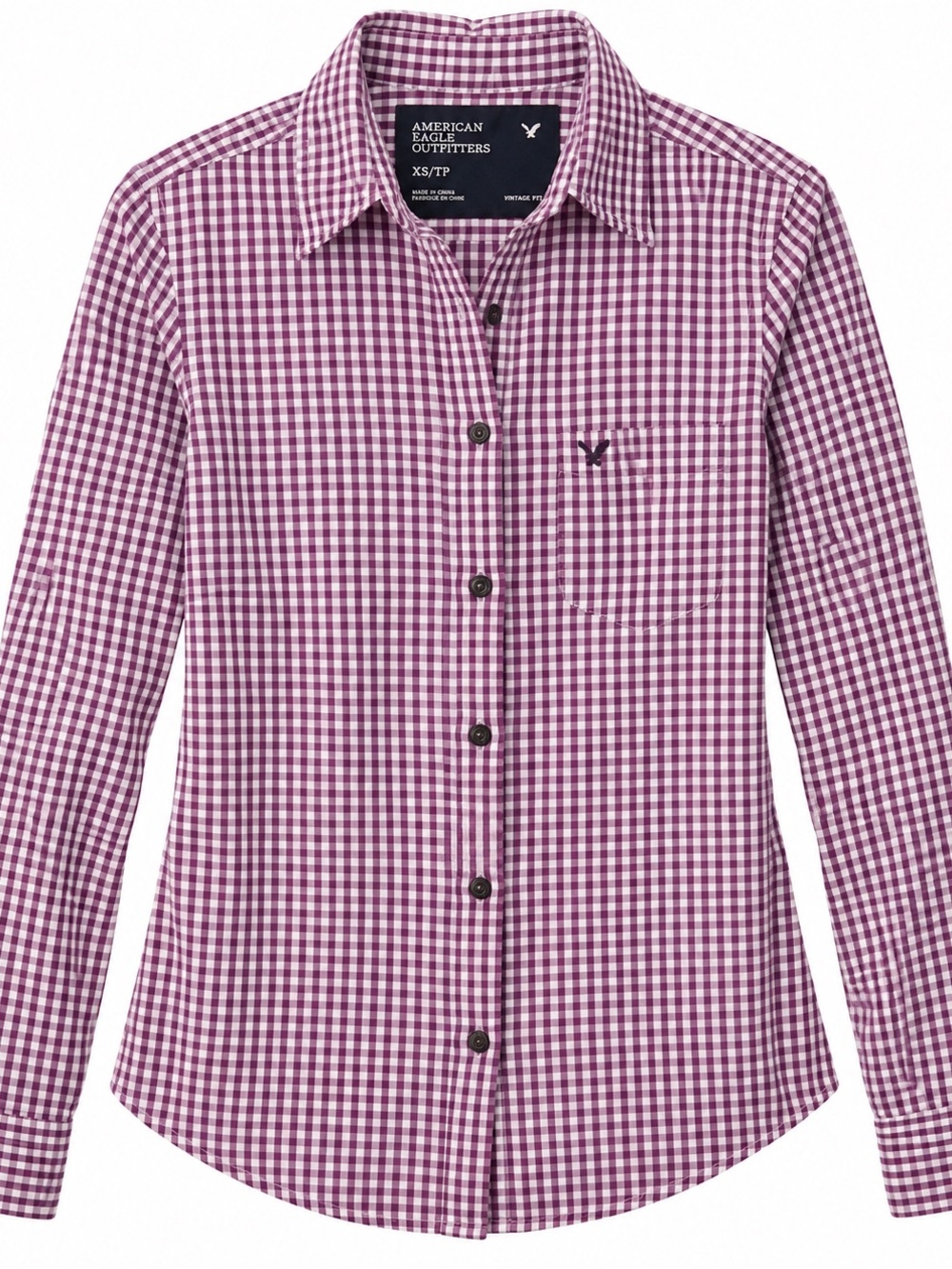 American Eagle Outfitters Purple Gingham Long-Sleeve Button-Down Shirt